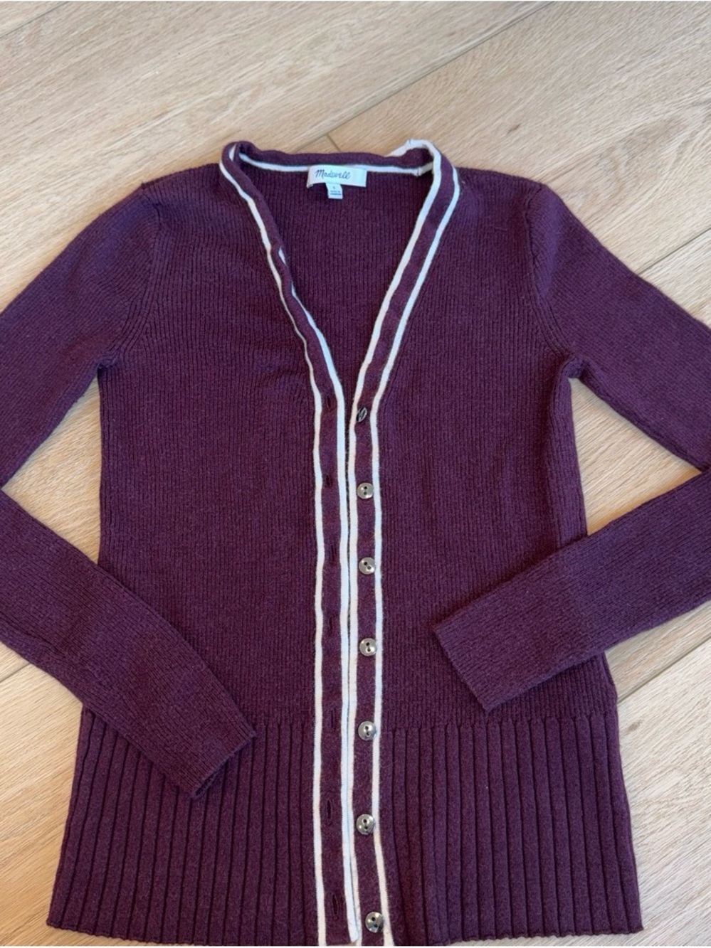Madewell Burgundy V-Neck Button Cardigan with Contrast Trim